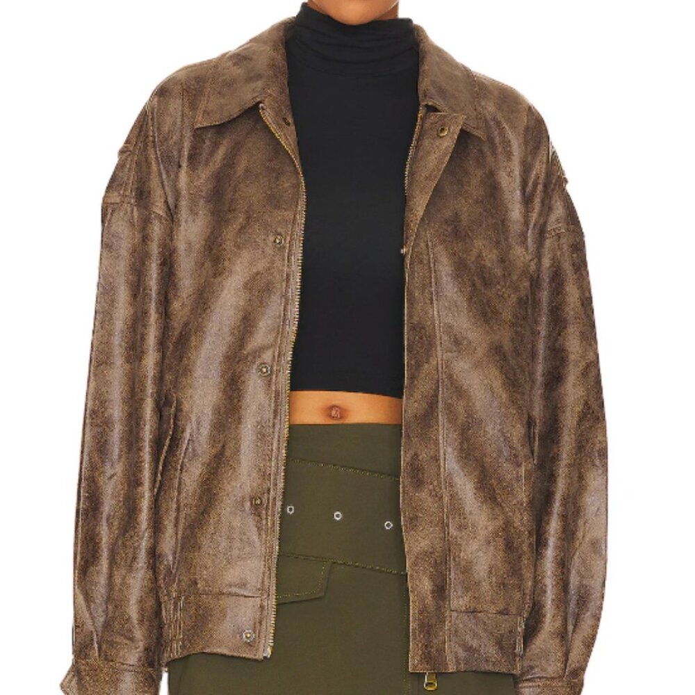 Lioness Jacket Womens Small Faux Leather Bomber Elastic Hem Zip Lined Pockets